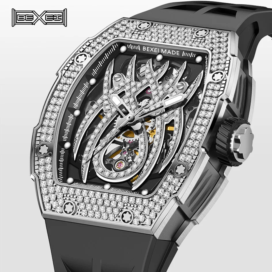 BEXEI New Men Automatic Mechanical Watches Diamond Bezel Men Watch Rubber Band Fashion Skeleton luminous Watches Sapphire Glass