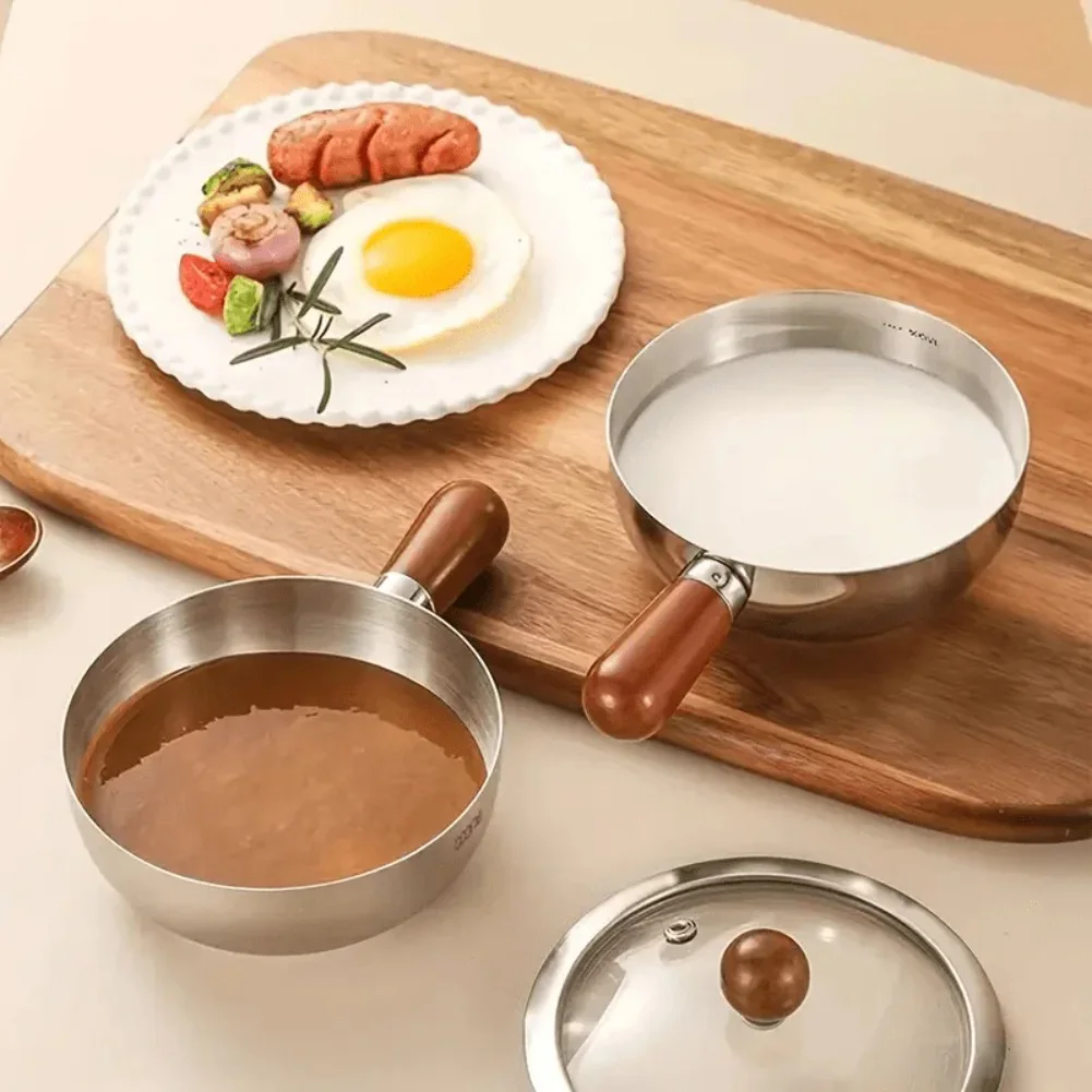 1PC Stainless Steel Cooking Pot With Wooden Handle Small Milk Boiler For Baby Food Induction Compatible With Or Without A Lid