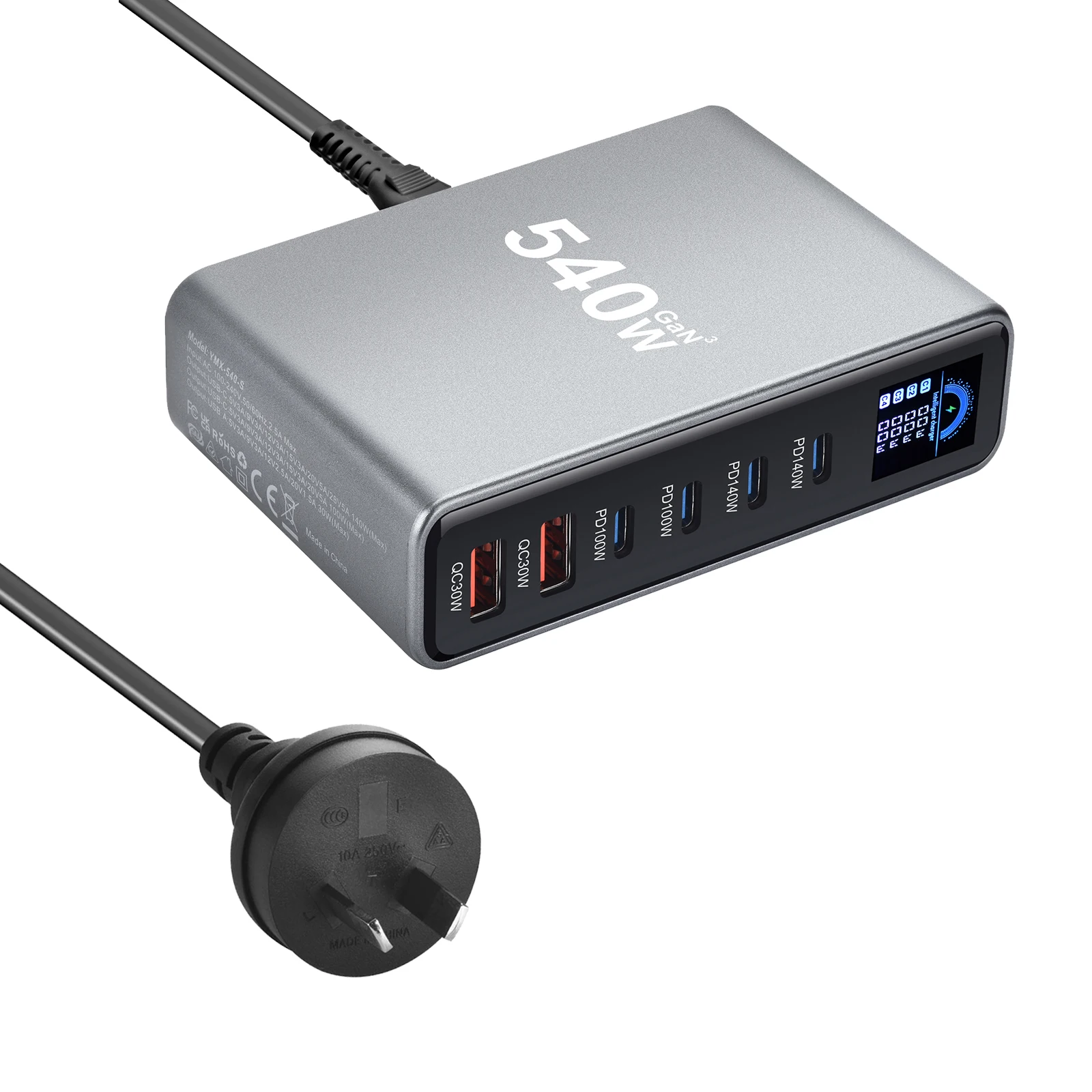 New 540W GaN Charger with Display Desktop 140W USB-C 6-Port Fast Charging Station Suitable for Phones Tablets Electronic Devices