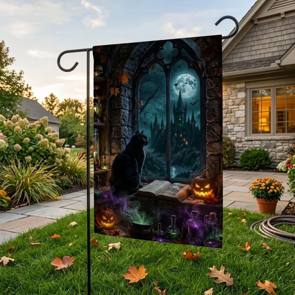 2D Flat Print Halloween Garden Flag Spooky Haunted House Pumpkin Black Cat Cloth Single Sided Polyester Halloween Outdoor Banner
