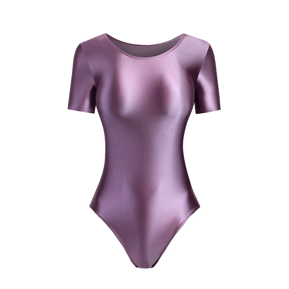 MJINM Women Satin Glossy One Piece Swimsuit High Waist Leotards Short Sleeve Swimwear T-back Tights Fitness Spandex Bathing Suit