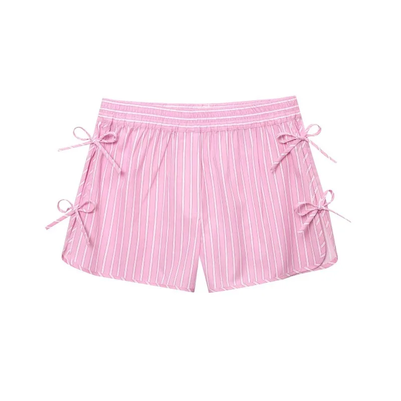 Ensemble 2 pièces pour femmes, débardeur d'été, nœuds, boutons à nouer, volants, hauts froncés, haut rayé rose + short, col en V, costume décontracté doux