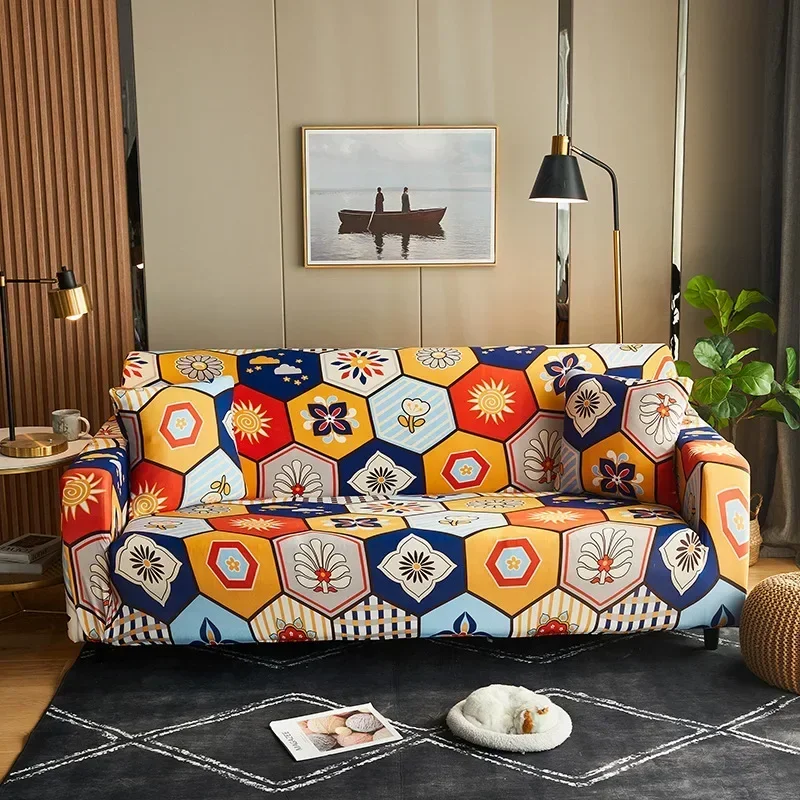 Bohemian Style Printed Sofa Cover Elastic All Inclusive Sofa Cushion for All Seasons Dustproof Furniture Protector with Strap