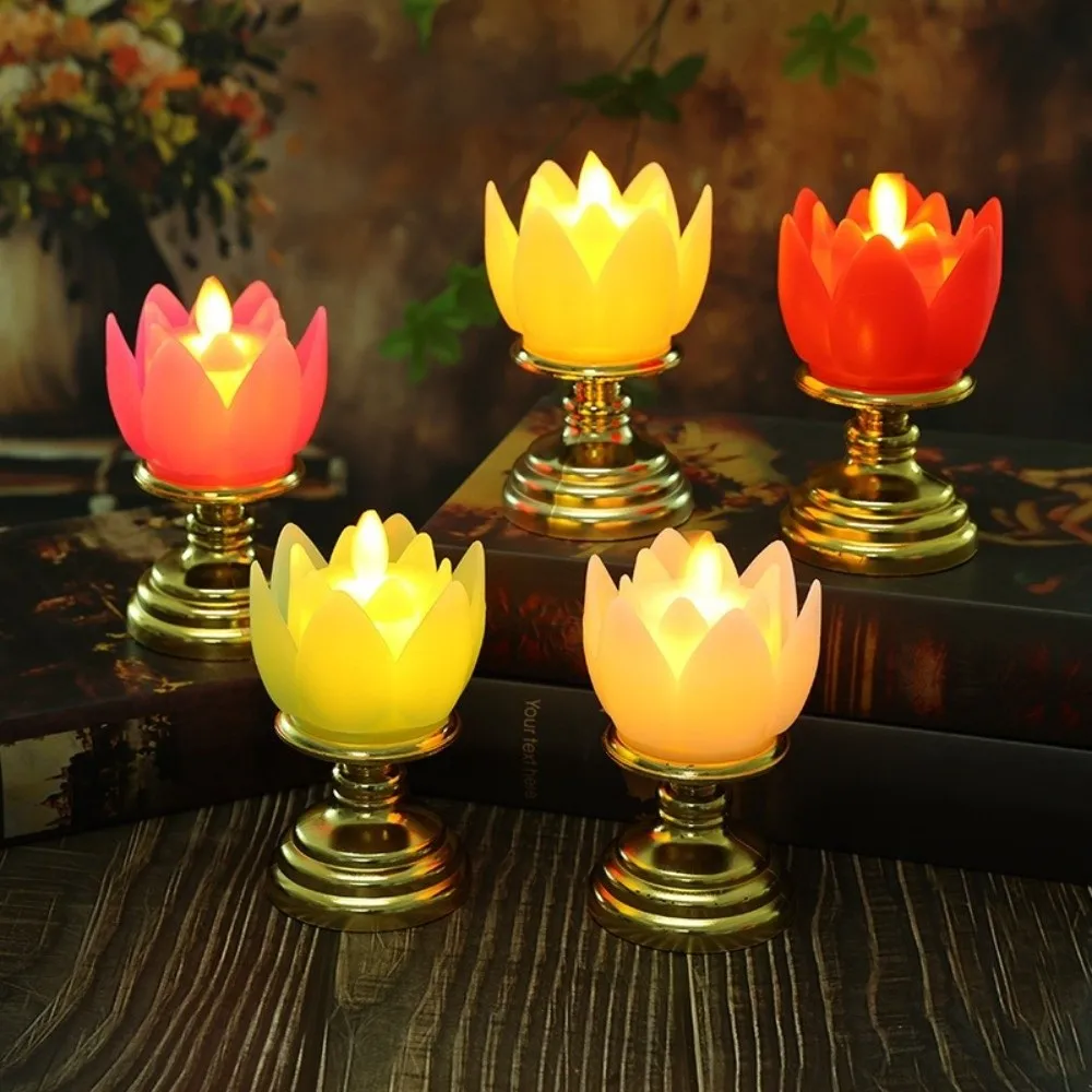 New Prayer LED Candle Lamp Colorful Long-lasting Light Lotus Lamp Battery Operated Simulated Candlestick Buddhist Decoration