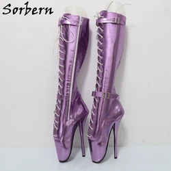 Sorbern Sexy Lilac Metallic Knee High Boots Women Lace Up Tiptoe Shoes Ballet Heels Zipper Up Fetish Sm Shoes Custom Colors