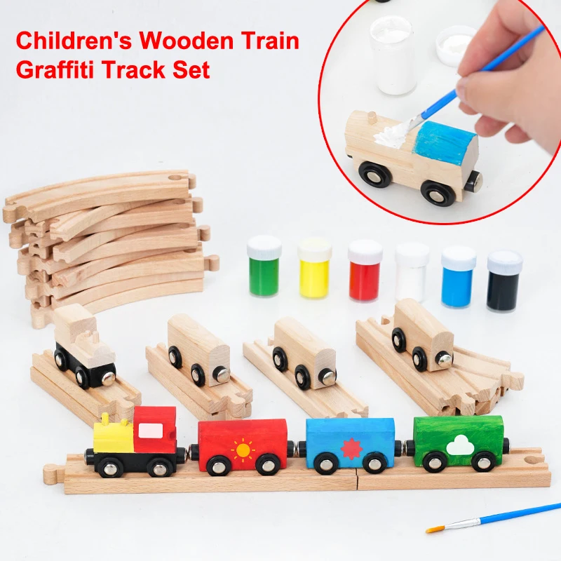 

Children's Wooden Train Graffiti Track Set, Colorful Diy Hand Drawn Parent-Child Interactive Toy, Compatible With Track Toys