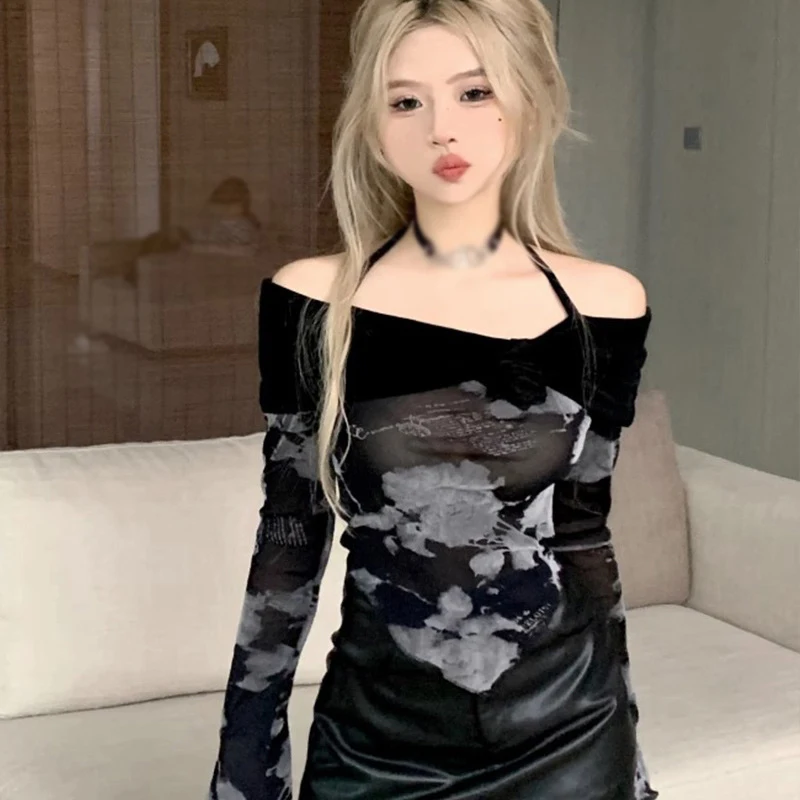 Women\'s Crop Top Korean Version Off Shoulder Tie-Dye Irregular Slim Sexy Fashion Mesh Sunscreen Long Sleeves Crop Top