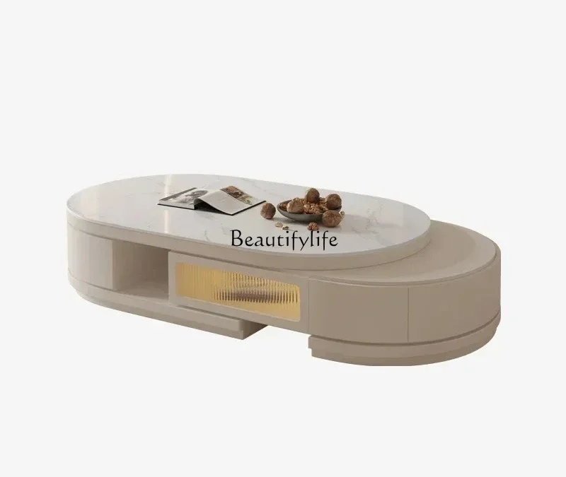 

60.Modern Simple Retractable Stone Plate Coffee Table TV Cabinet Combination Living Room Home Cream Style Oval Tea Table