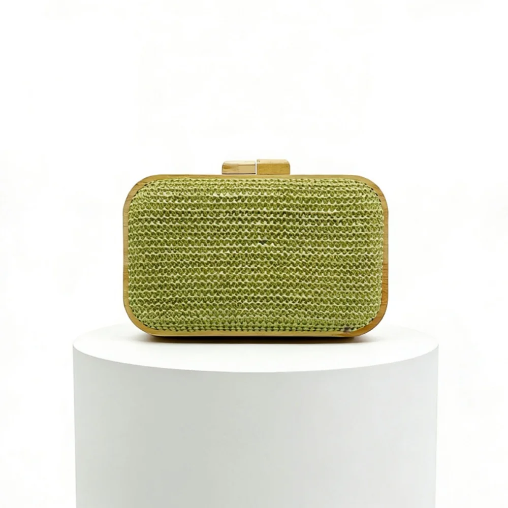 

Handmade Straw Woven Clutch Wooden Frame Clip Closure Square Evening Bag Hard-Case Long Chain Handbag Purse Dinner Party Wallet