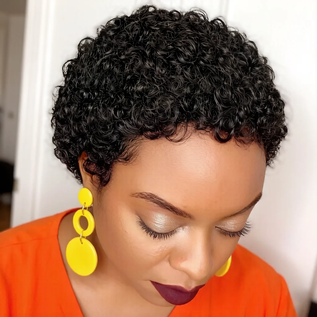 

Natural Black Short Curly Human Hair Wig, Human Hair Pixie Cut full machine made Wig for African American Women