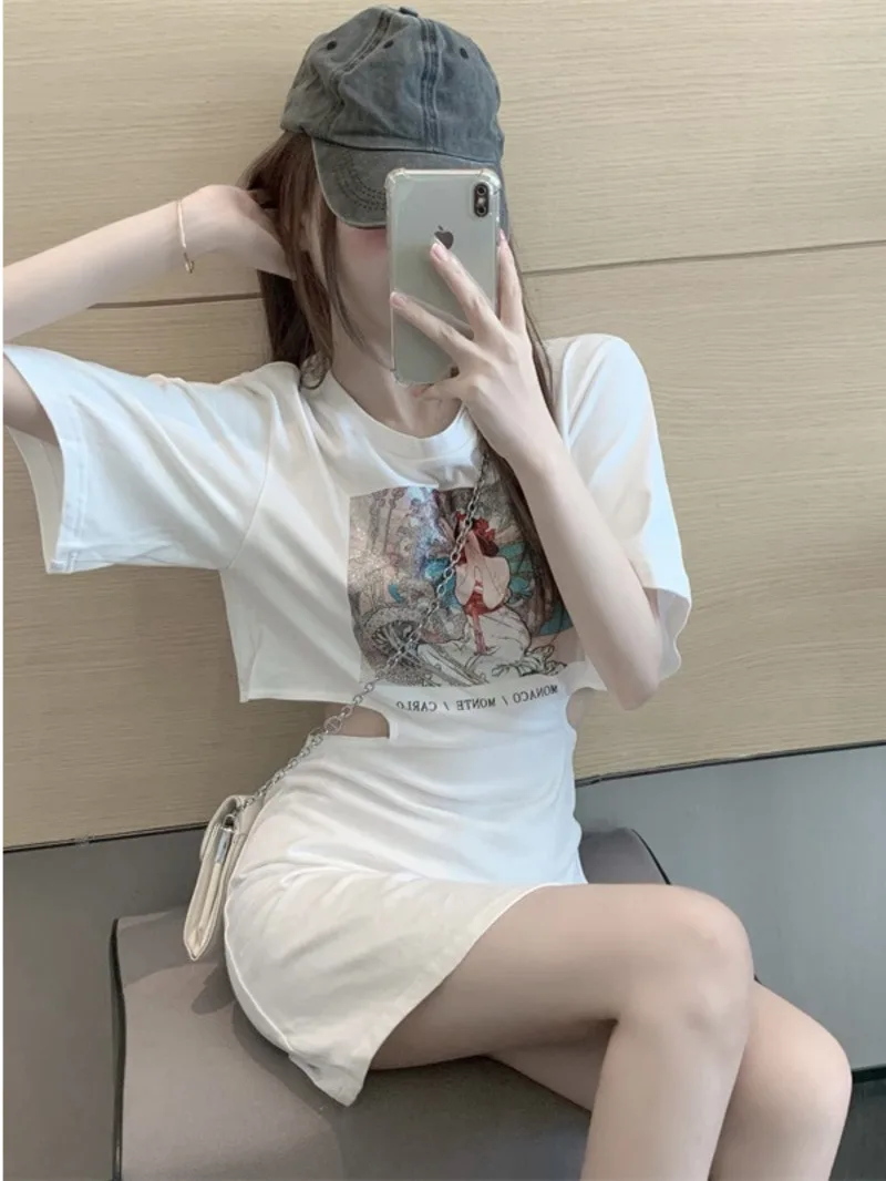 A-word sexy temperament short sleeved T-shirt women's short skirt summer top medium length dress sub skirt Hip Wrap Skirt HJXW