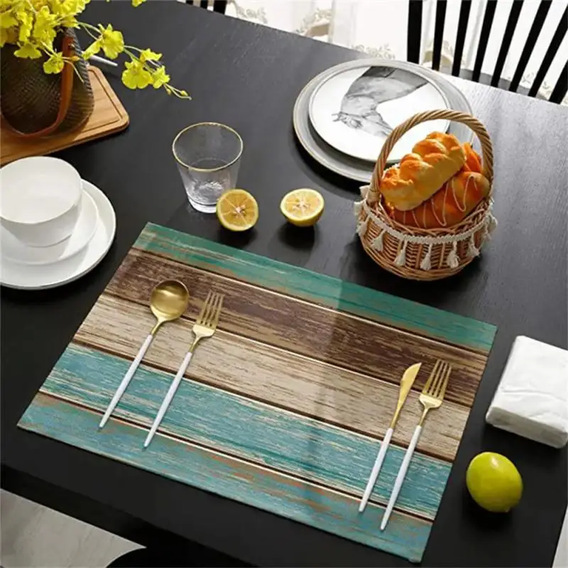 Farmhouse Wood Texture Table Runner Placemats Combination Set Wedding Party Event Dining Table Decoration Hotel Home Tablecloth