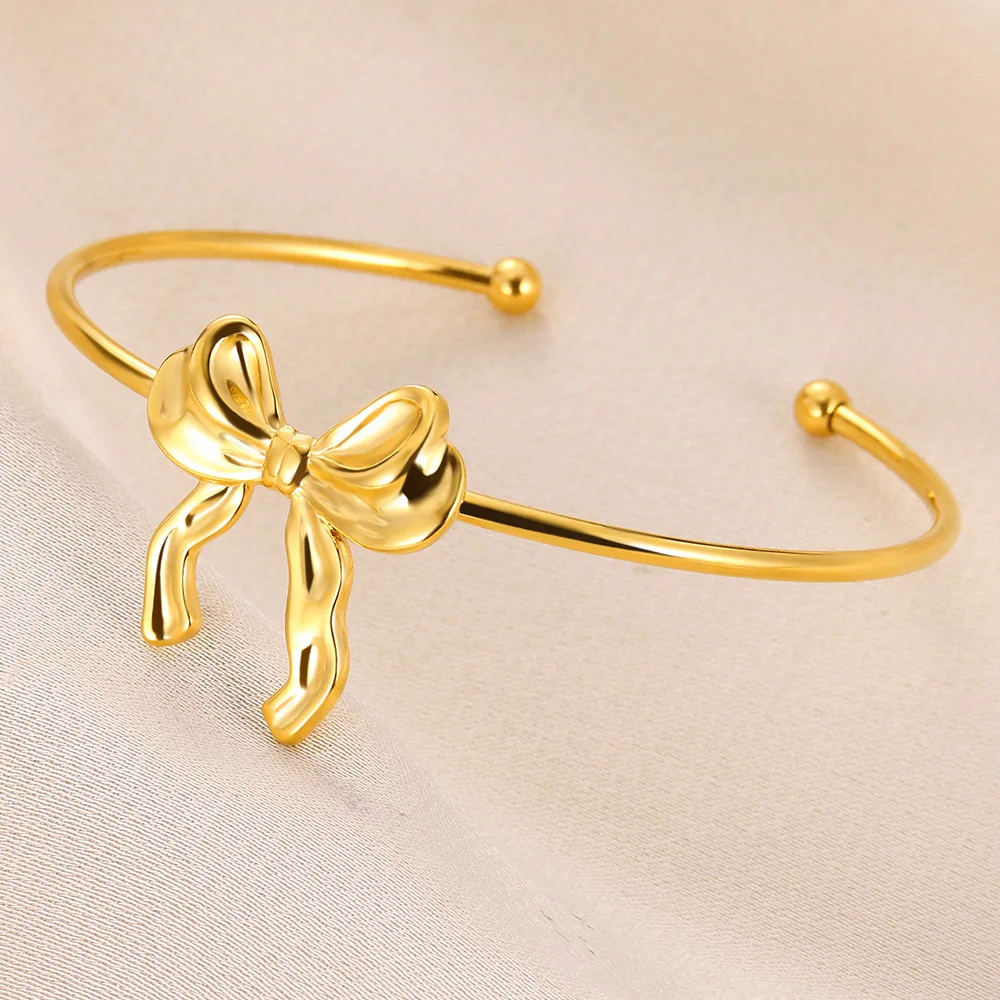 Gold Color Bow Jewelry Set Earrings Bracelets Rings For Women Fashion Cute Stainless Steel Party Wedding Valentine\'s Day Gifts