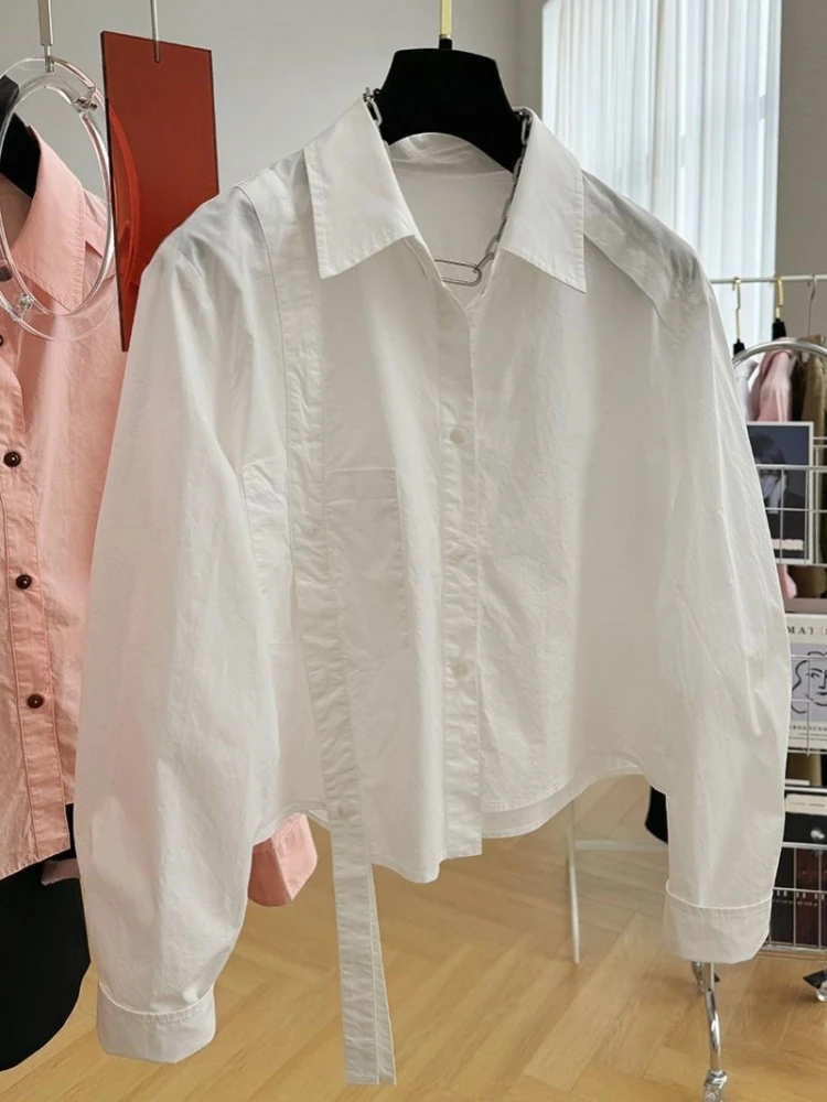 Camisa de manga larga con solapa francesa para mujer, blusa informal holgada, camisa corta con diseño de nicho, primavera 2024