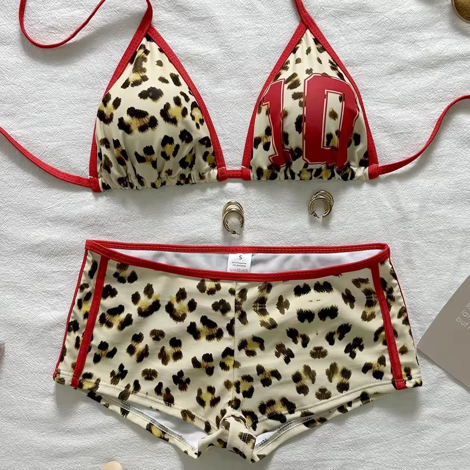 

Leopard Number Print Swimwear Sexy Triangle String Halter Bikinis Sets Low Waist Bottoms Shorts Swimsuit Women 2026 Bikini Mujer
