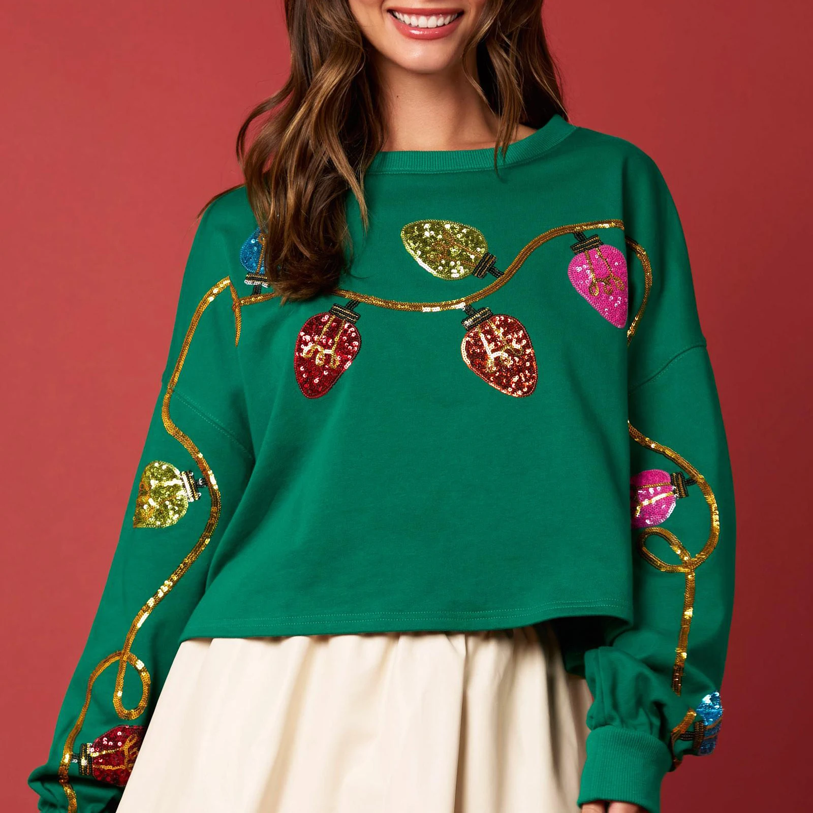 المرأة Y2k اقتصاص البلوز الترتر سباركلي الملونة مضحك عيد الميلاد ضوء طويل الأكمام Crewneck البلوز عيد الميلاد عطلة المحاصيل الأعلى #6