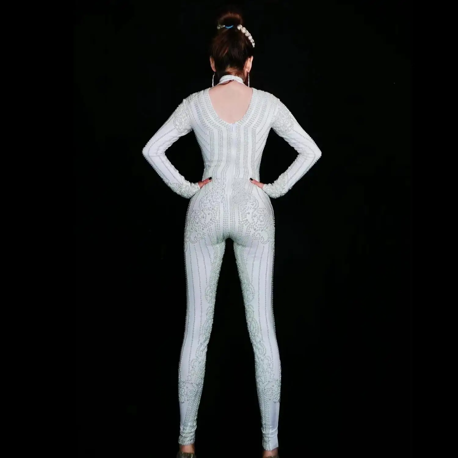 Sexy mangas compridas clube festa pérolas macacões feminino magro macacão festival roupas mostrar desempenho bodysuits dança playsuit