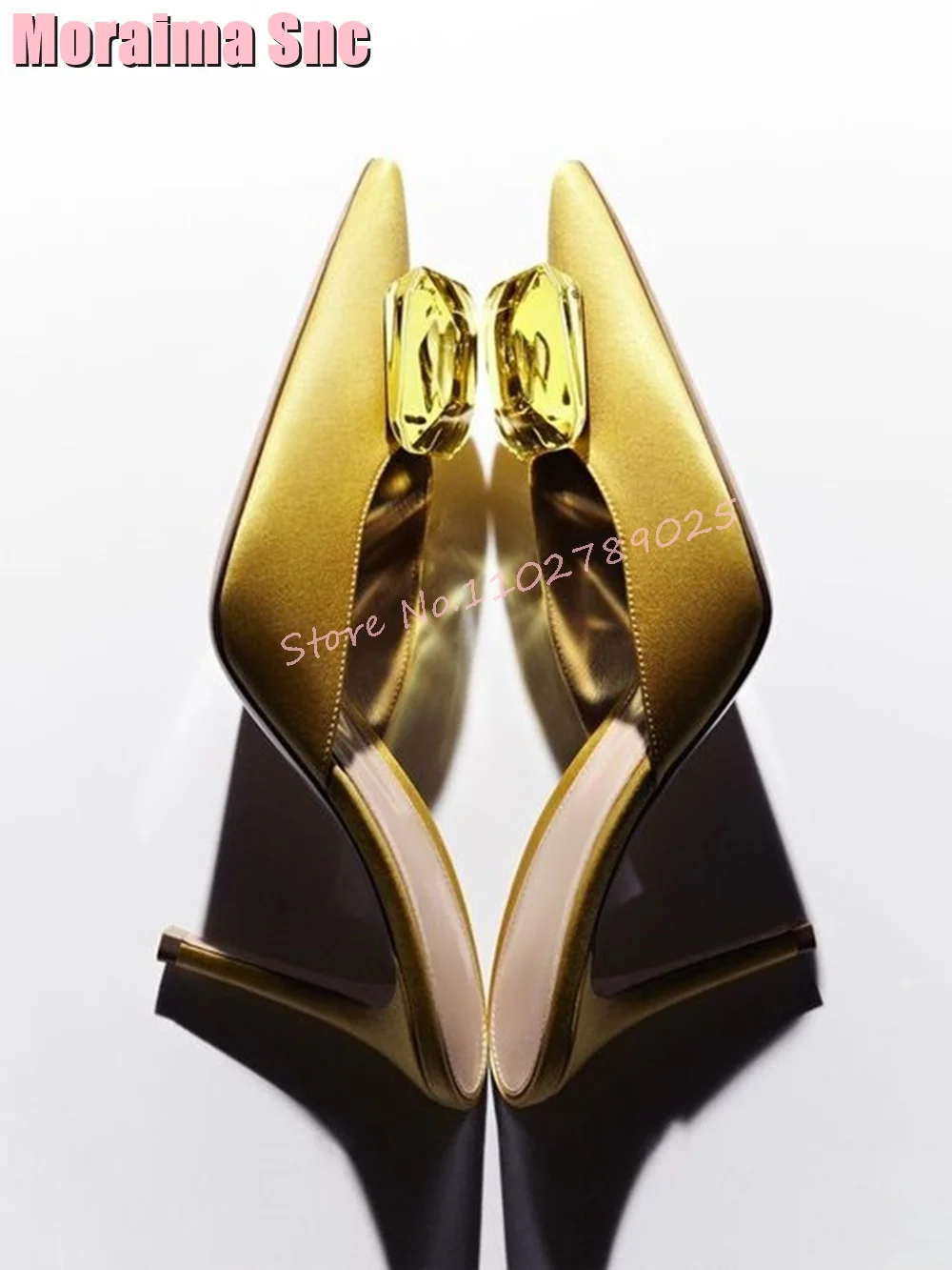 

2024 Satin Square Rhinestone Pointed Toe Slippers Stiletto High Heel Sexy Women Shoes Summer Slides Casual Outdoor Yellow Solid