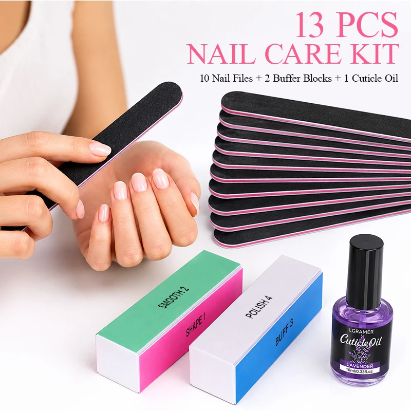 Professionelles Nagelpflege-Set 20 Nagelfeilen 4-Seitige Schwammpuffer-Blöcke 10ml Lavendel-Nagelhautöl Maniküre-Polierwerkzeuge 13/25 Stück