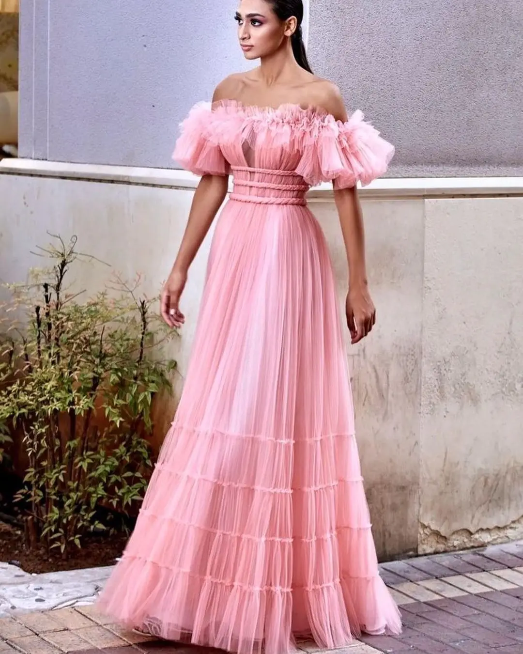 Sapmae Off-the-shoulder Tulle A-line Floor-length Zipper Up Court Train Elegant Prom Formal Evenning Party Dress For Women