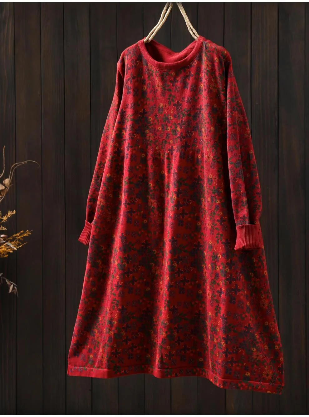 Women Knit Dress Japanese Style Chic Cotton O-neck Long Sleeve Sweater Dresses Mori Girl Mid-length Knitwear