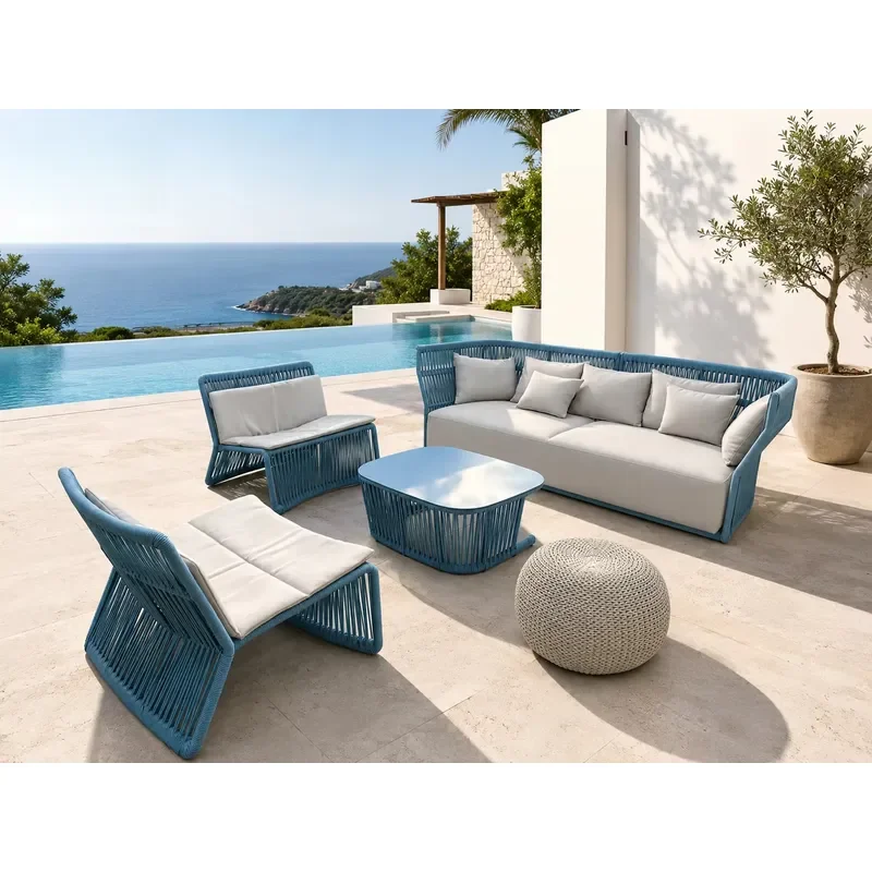 Outdoor Woven Sofa Set with Aluminum Frame and Teak Coffee Table for Resort Villa Projects