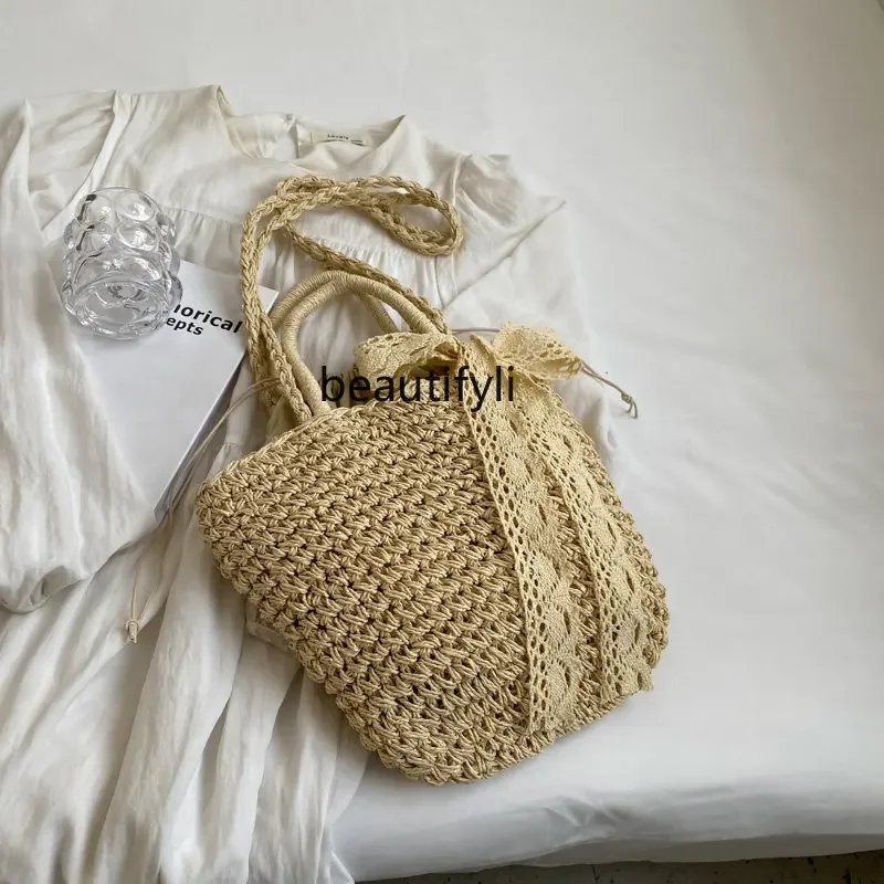 zq Hand-Woven  Women's Hand Carrying Straw Bag Easy Matching Tote Bag Women's Large Capacity Crossbody Bucket Bag