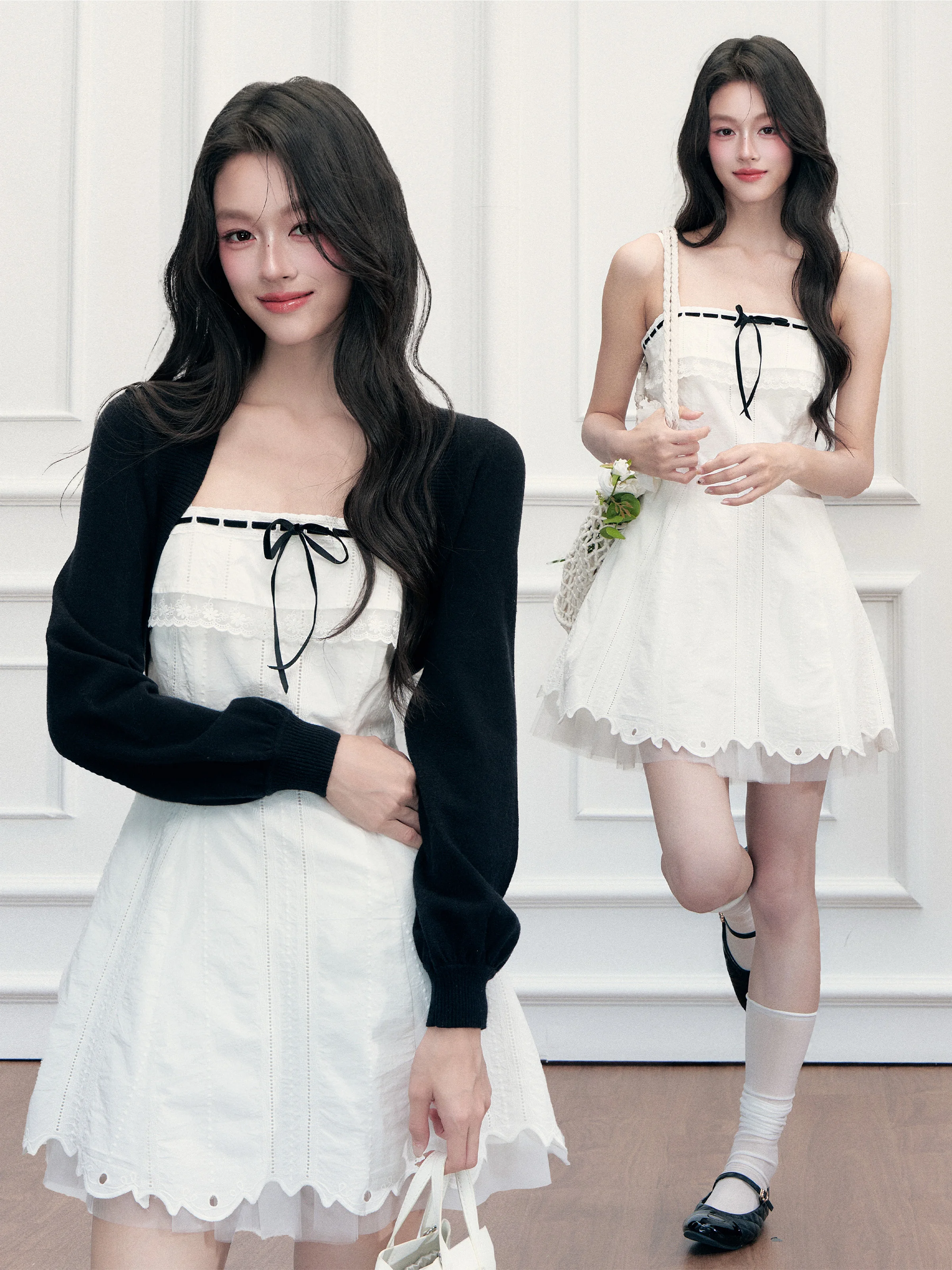 Fragile Heart Sweet Style Color Block Lace A-Line Dress Two-Piece Set Short Sleeve Drawstring Design  Knot Summer Te...