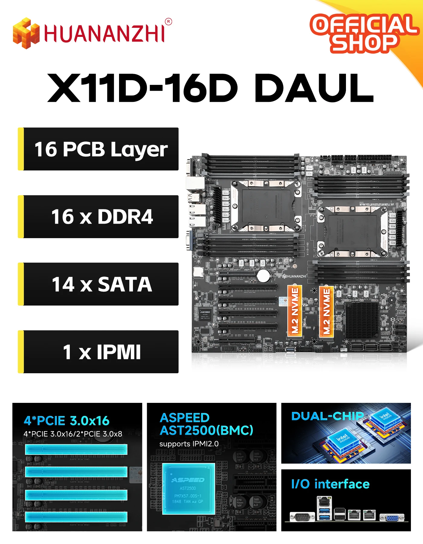 HUANANZHI X11D 16D LGA 3647 XEON X11D Motherboard Support Intel XEON 1st and 2nd Gen Dual CPU Supports up to 2TB DDR4 RECC