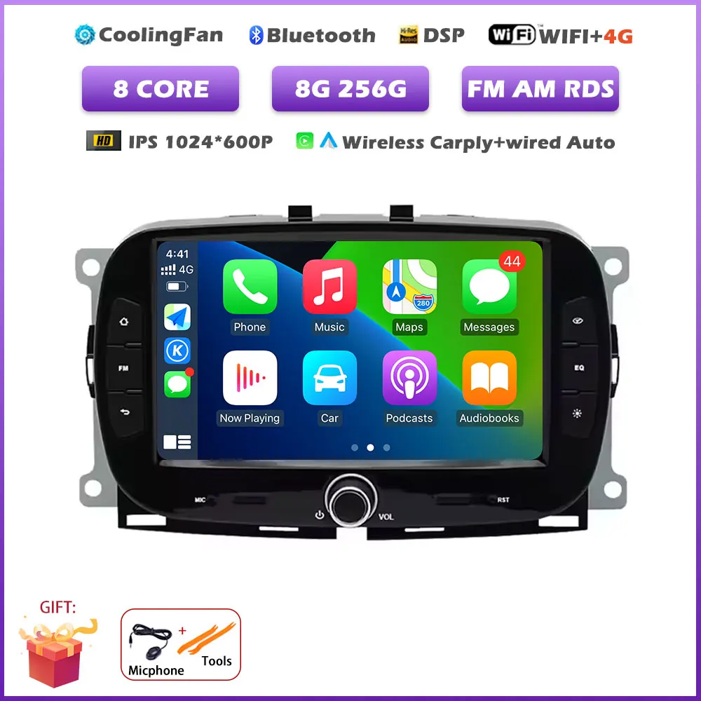 Carplay Android 16 Auto autoradio voor Fiat 500 2016-2019 multimediaspeler met BT stereo, GPS navigatie en FM