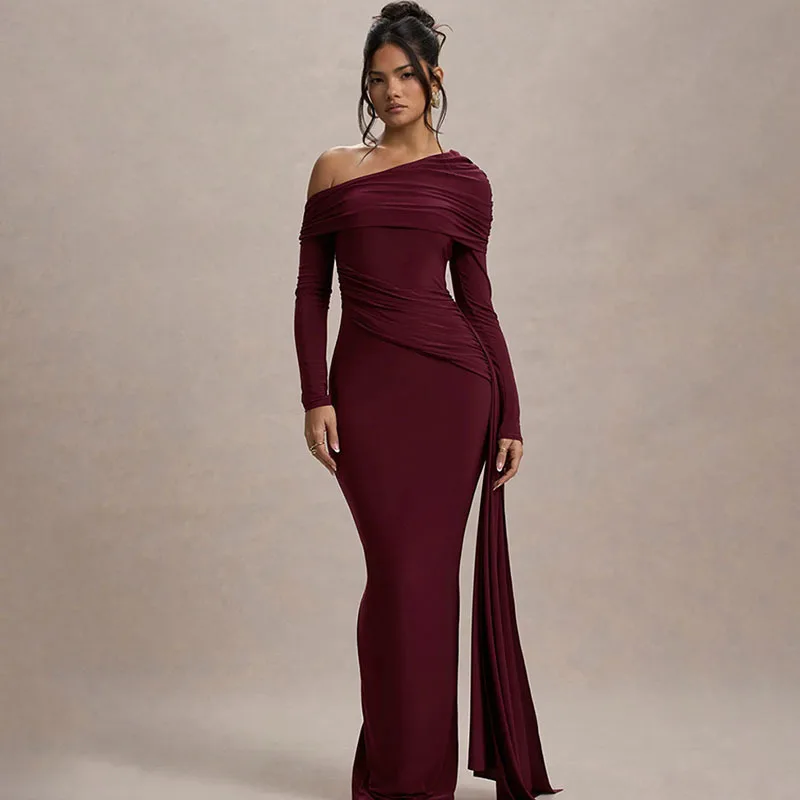 Apprabant Solid Color Sexy Slant Shoulder Float Belt Dress Long Sleeved Fashion Shrink Fold Slimming Split Fishtail Dresses