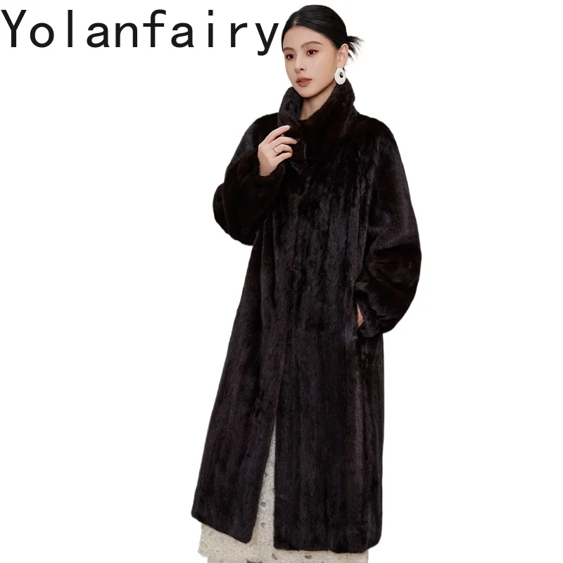 YOLANFAIRY 고급 천연 모피 코트 여성용 럭셔리 겨울 진짜 밍크 퍼 자켓 롱 따뜻한 모피 코트 아브리고 무헤르