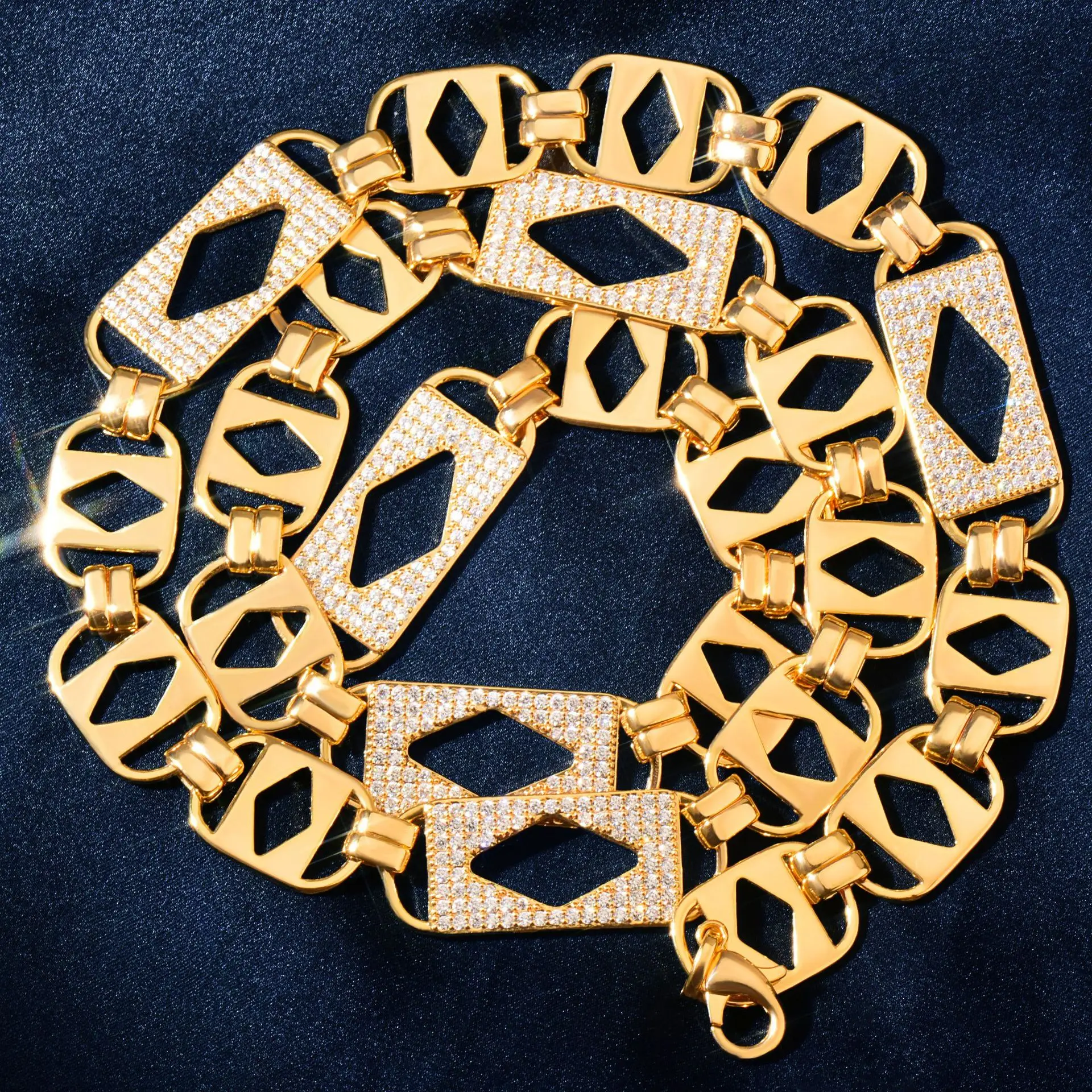 14mm Chunky Hollow Rhombus Link Necklace Copper Inlaid CZ Stone Hip Hop Bling Statement Necklace Men Women Street Jewelry