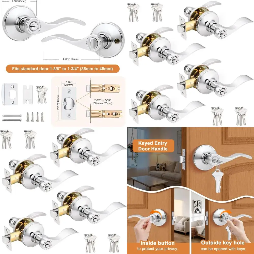 

Комплект из 4 полированных хромированных дверных ручек с замком, одинаковым ключом, волнообразным дизайном, реверсивные входные ручки-рычаги