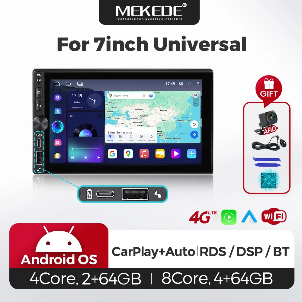MEKEDE 7" IPS Écran tactile universel Android 15 Autoradio Stéréo multimédia sans fil Carplay Android Auto 64G 4/8-Core Systèmes intelligents Prise en charge WIFI USB RDS DSP BT Pour VW Renault Peugeot Ford Opel Fiat Toyota Benz BMW Audi Honda Skoda Seat