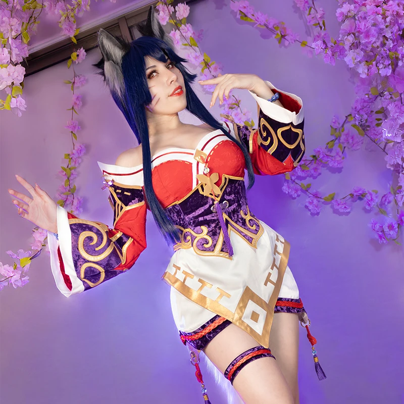 ROLECOS Game LOL Nine-tailed Fox Ahri Cosplay Wig 100cm Dark Blue Color Women Wigs Heat Resistant Synthetic Hair
