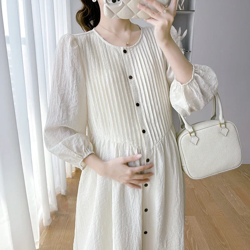 2024 spring maternity fashion loose dress long sleeve o-neck plus size pregnant woman a-line dress button fly pregnancy clothes