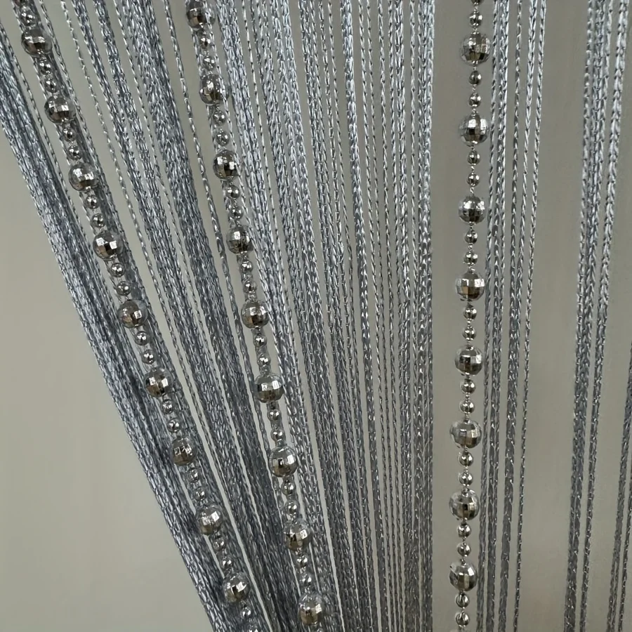 Bohemian Style 1pc Silver Beaded Curtain - Polyester Knit Straight Earth Design Beads | Wipe Clean Perfect for Living Room Decor