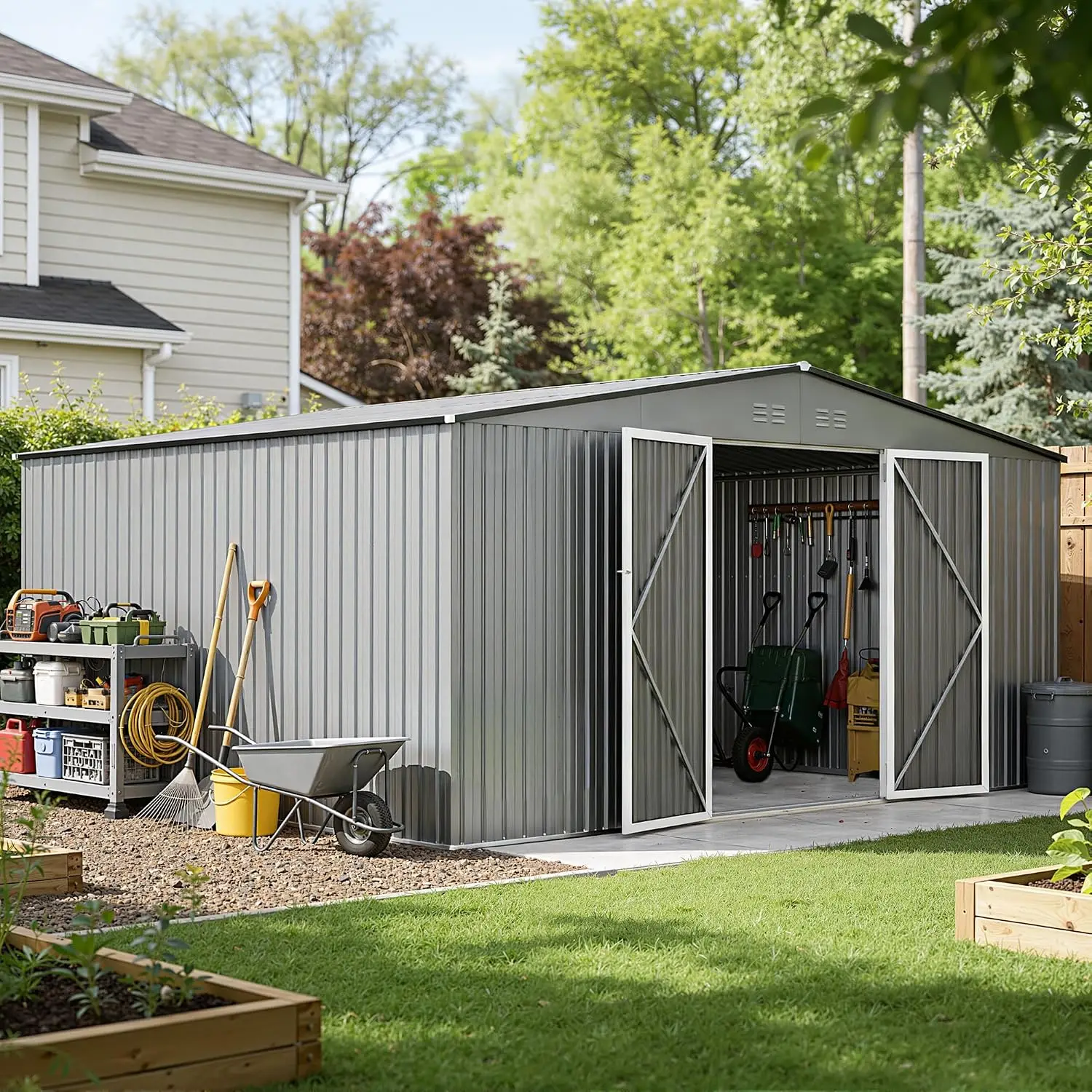14 x 12FT Grey Outdoor Storage Shed, Metal Waterproof Shed Garden Tool Shed with Door and Lock Outdoor, Customized