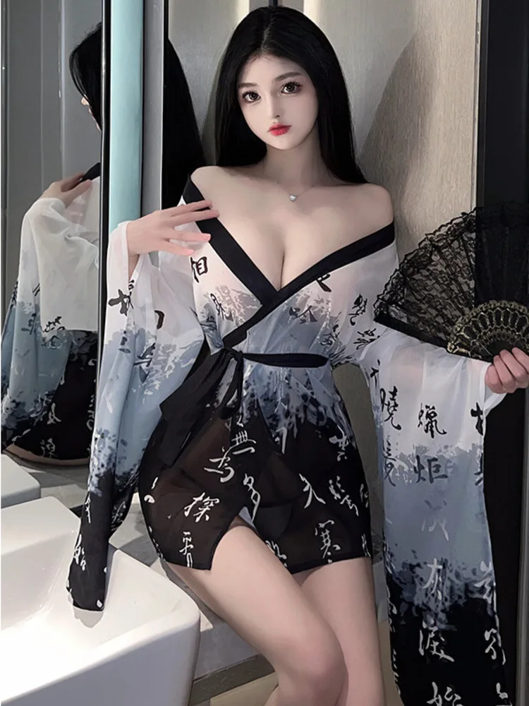 

2023 Summer Women's Sexy Chinoiserie Retro Costume set with ancient style Bathrobe Large Size Pajamas Role Playing Dress 5EGV