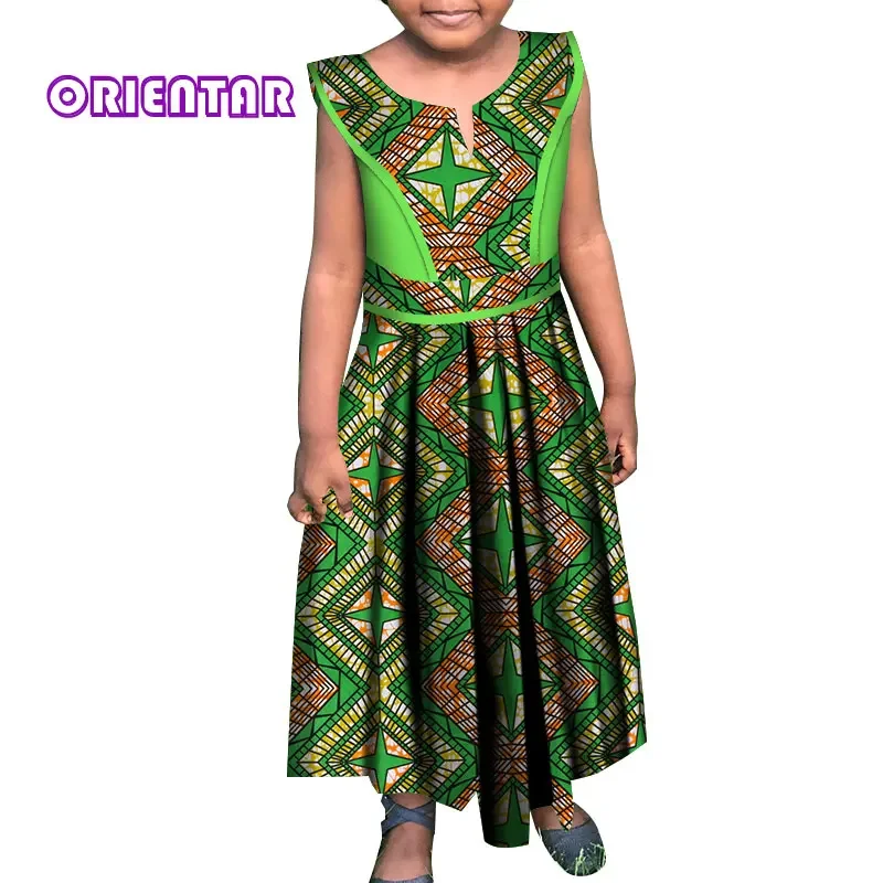 African Dresses for Baby Girls Sleeveless Round Neck Dress Traditional African Print Bazin Riche Casual Kids Party Dress WYT278