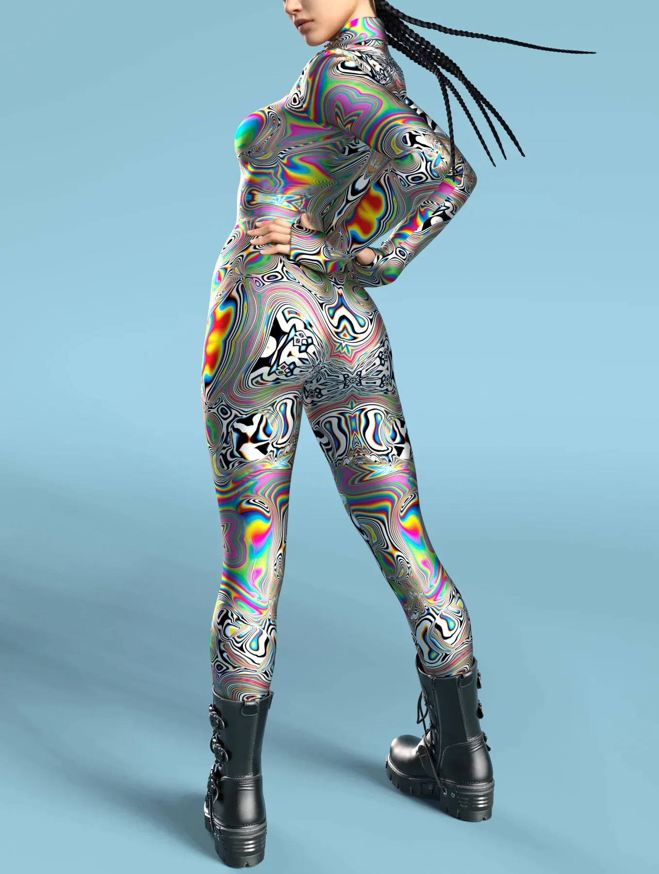 Damen Mehrfarbiger 3D-Druck Festtagsparty Regenbogen Sexy Enger Bodysuit Punk Cosplay Kostüm Performance Romper – Detail 22