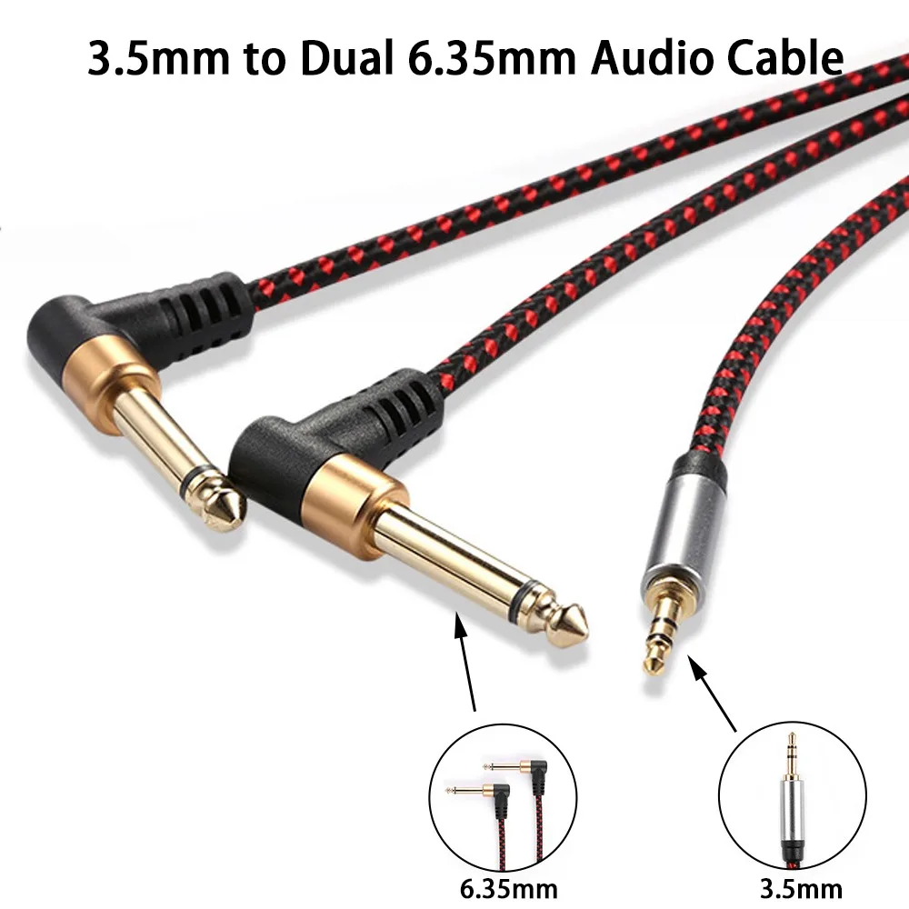 Right Angle 3.5mm to Dual 6.35mm Audio Cable OFC Braided Mini Jack To Two 1/4 Inch TRS Y‑Splitter Cord For PC TV Speaker