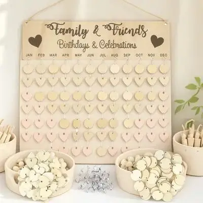 

1Set Wooden Birthday Calendar Reminder Board Creative Hanging DIY Plaque with 50 Round 50 Heart Pendants for Home Decor Gift