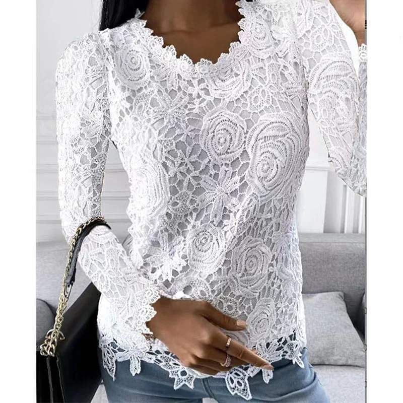 Elegant Fashion Solid Color Lace Spliced Long Sleeve Tops Women\'s Clothing Commute Autumn Winter Female Slim Round Neck T-shirt