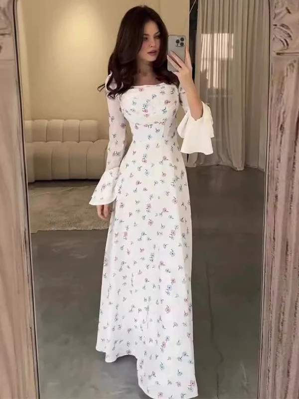 เดรสยาวเอวสูงทรงเข้ารูปพิมพ์ลายดอกไม้สำหรับผู้หญิงแฟชั่นฤดูร้อน แขนกระดิ่ง ทรงเข้ารูป ช่วยกระชับเอว