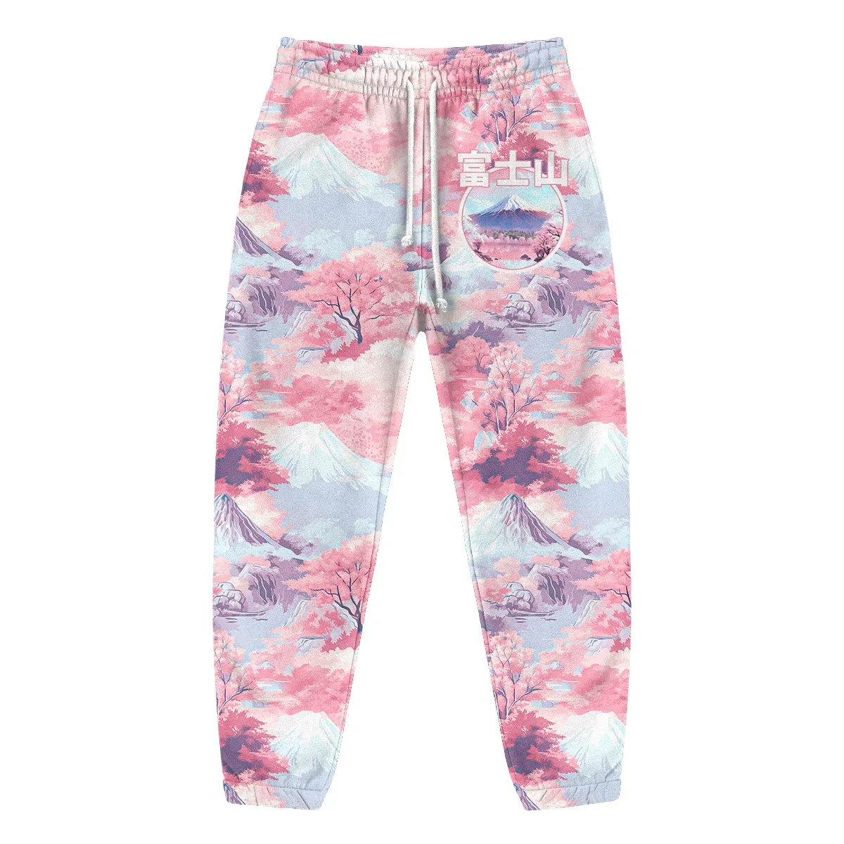 Unisex Joggers Featuring  All-over Print Cherry Blossoms and Mount Fuji; Japanese-inspired,vaporwave-style Drawstring Sweatpants