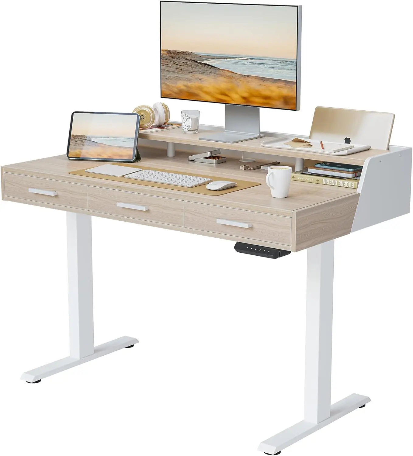 

Electric Standing Desk with Drawers, 55x26 Inch Adjustable Height, Stand Up Desk with Monitor Shelf