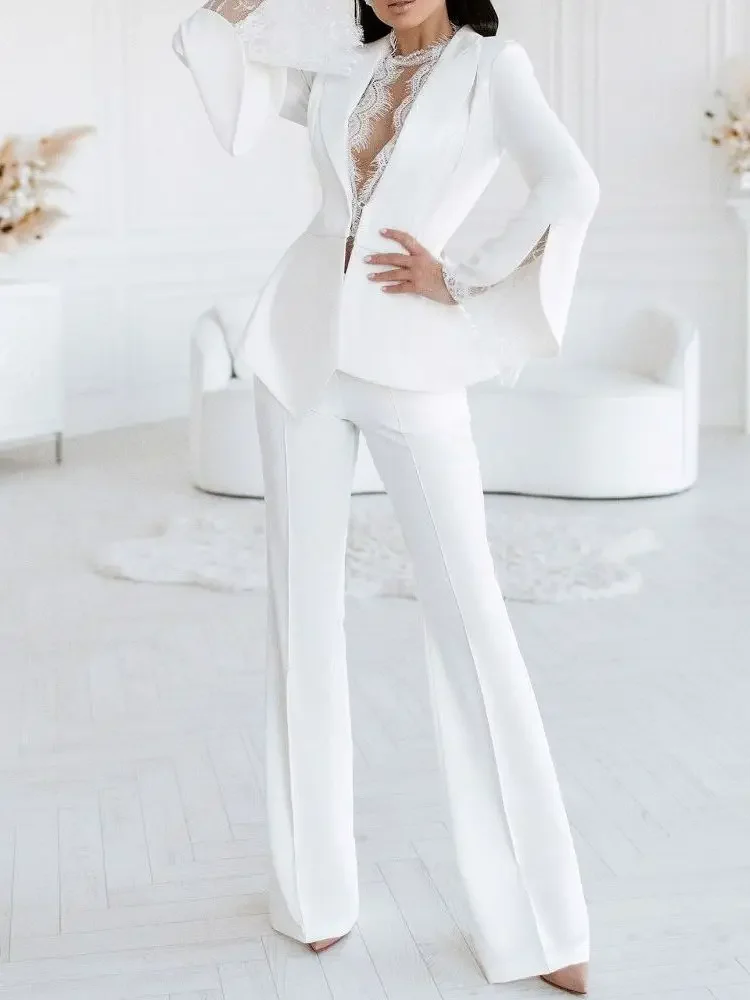 

Many Colors Lace Women Suits Set Pantsuit Wedding Tuxedos Lady Long Sleeve Jacket Coat Suits Women Casual Wide Leg Trousers Set