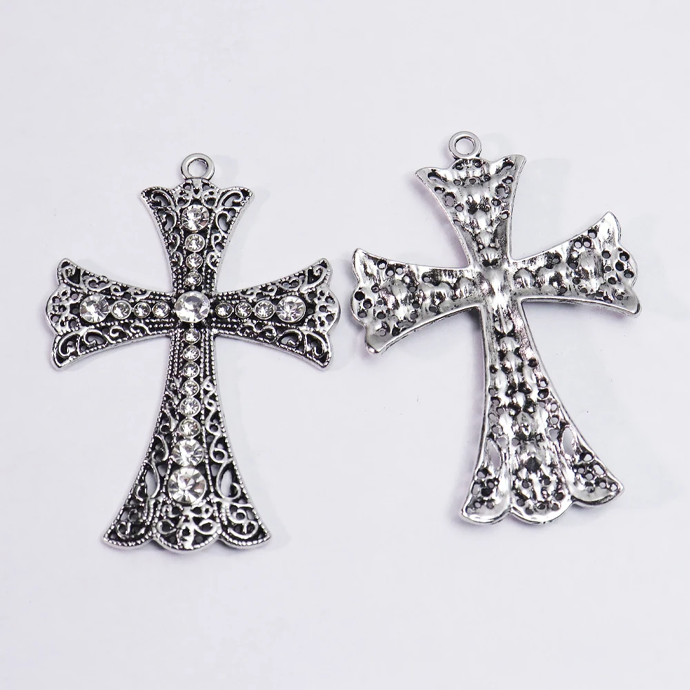 2pcs Antique Silvery Crystal Cross Charms Rhinestone Filigree Cross Pendants for DIY Jewelry Making Accessories view 2